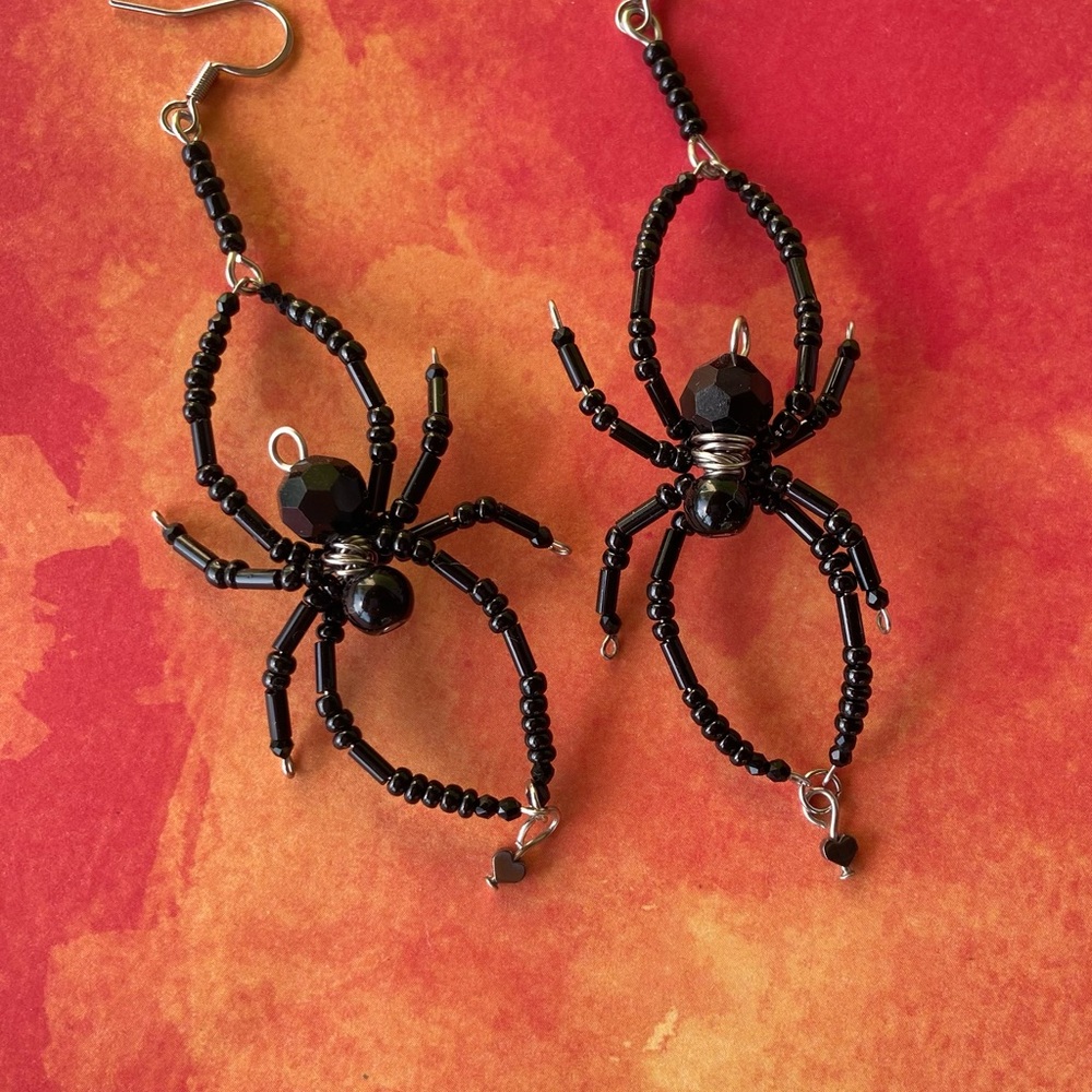 Black Beaded Spider Earrings